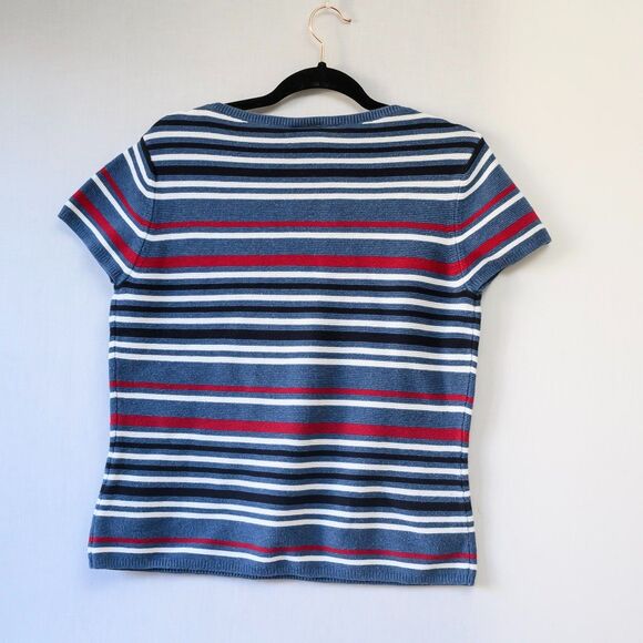 Vintage Talbots blue striped L cotton short sleeve sweater - Picture 2 of 6